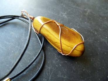 Preview: Kette, Lederband, Anhänger, Tigerauge, gewickelt, Unisex